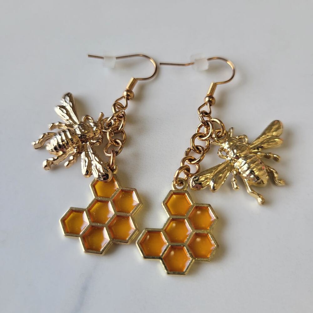 Hand-Crafted Bee with Honey-Comb Gold Toned Earrings 925 Ear Hooks